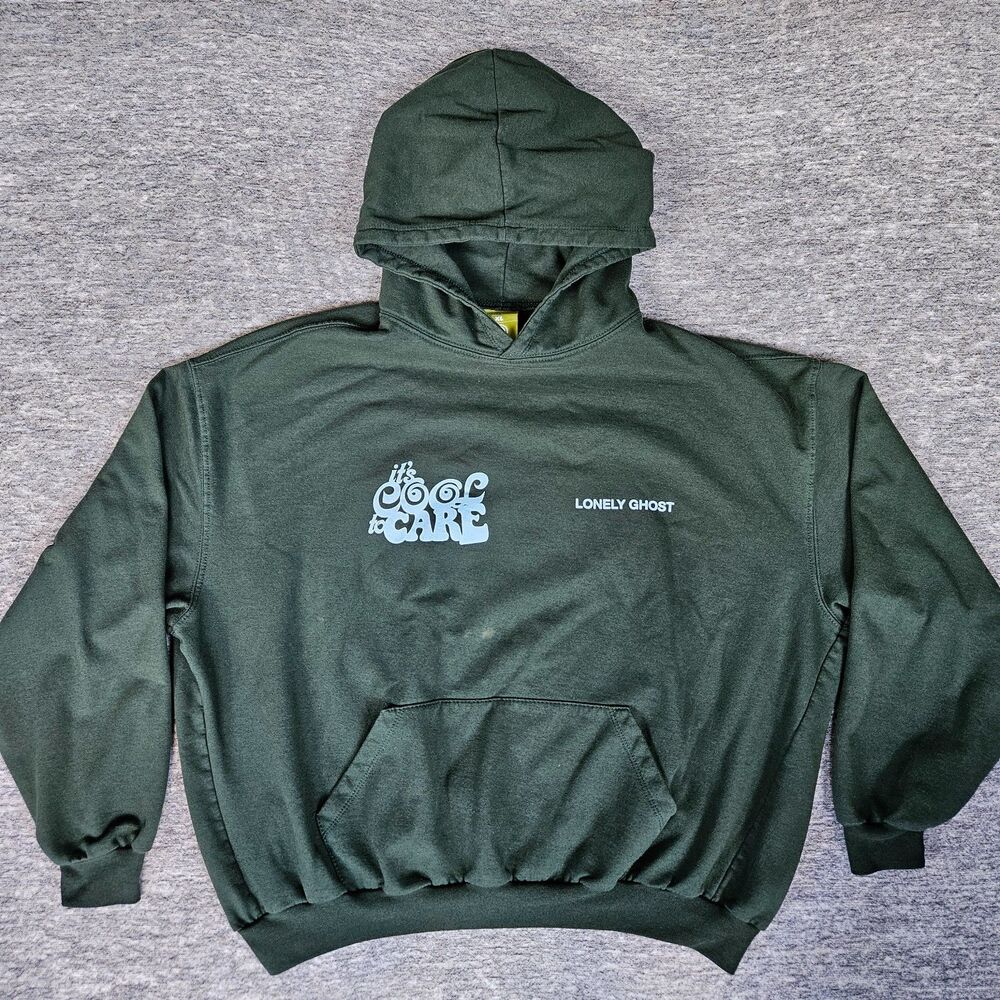 Lonely Ghost Hoodie It's Cool To Care Graphic Unisex Green Sz XL Relaxed